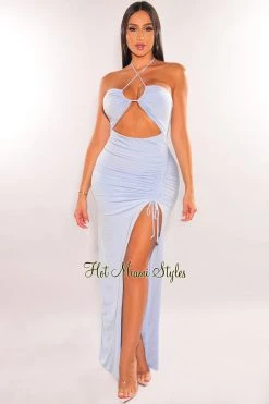 HER SHE Iced Blue Halter Cut Out Ruched Slit Maxi Dress
