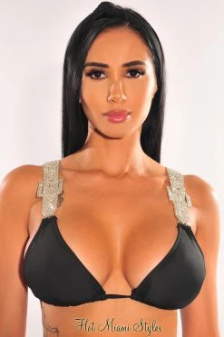 Vendor-unknown Just In Black Rhinestone Buckle Padded Tie Up Bikini + Headband