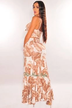 MEEK White Mocha Palm Print Floral Print Spaghetti Strap Maxi Skirt Two Piece Set