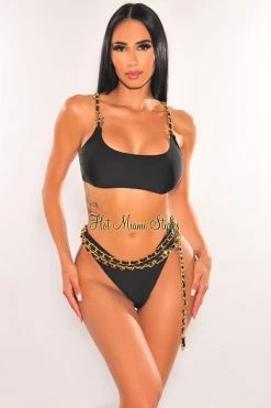 Vendor-unknown Black Gold Chain Straps Belted Scrunch Butt Bikini