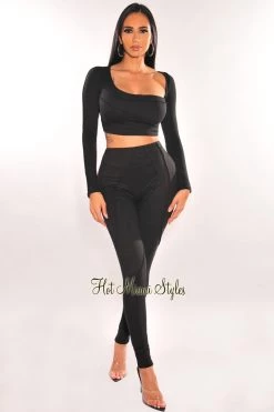 Vendor-unknown Just In Black Asymmetrical Long Sleeve Pants Two Piece Set